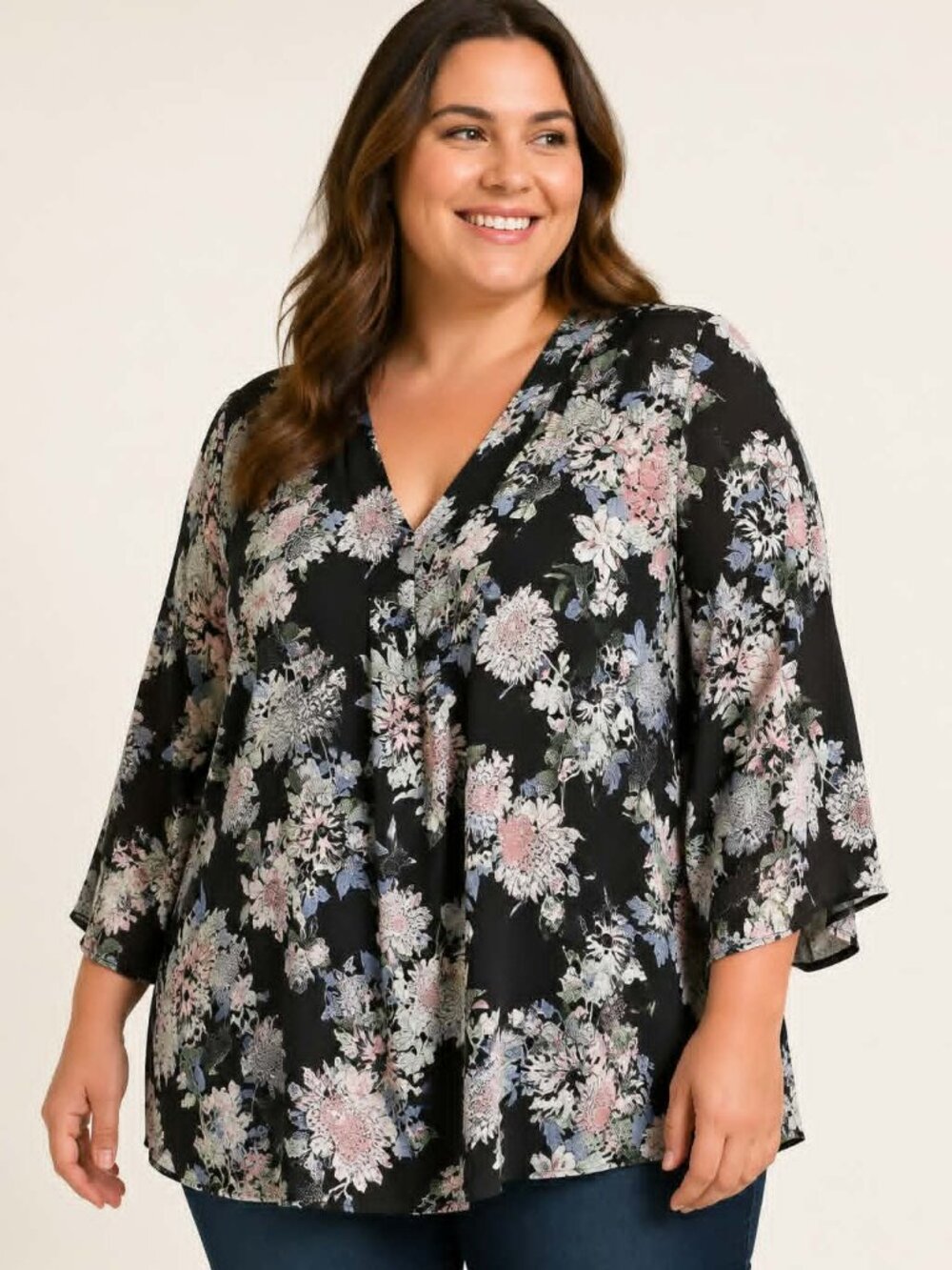 Rose + Olive Women’s 2X Black Floral V-Neck Tunic Blouse 3/4 Sleeve Plus Size